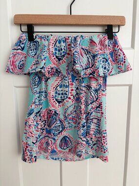 Lilly Pulitzer Tube Top Small Seashell Print Strapless Ruffle 100% Cotton Beach